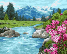 Load image into Gallery viewer, a painting of a mountain stream with pink flowers