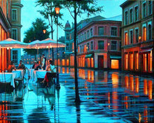 Load image into Gallery viewer, a painting of people sitting at tables under umbrellas