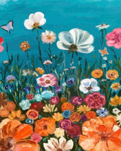 Load image into Gallery viewer, a painting of a field of flowers with a butterfly flying over it