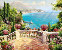 Load image into Gallery viewer, a painting of a balcony overlooking the ocean