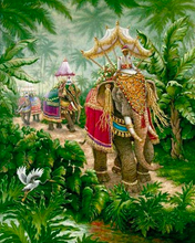 Load image into Gallery viewer, a painting of a man riding on the back of an elephant