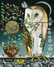 Load image into Gallery viewer, a painting of an owl sitting on a ledge