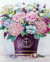 Load image into Gallery viewer, a painting of a purple vase filled with flowers