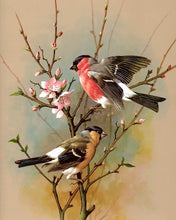 Load image into Gallery viewer, a painting of two birds sitting on top of a tree branch