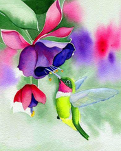 Load image into Gallery viewer, a painting of a hummingbird and a flower