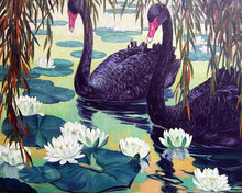 Load image into Gallery viewer, a painting of two black swans in a pond of water lillies