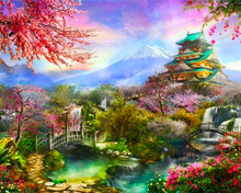 Load image into Gallery viewer, a painting of a japanese landscape with flowers and a bridge