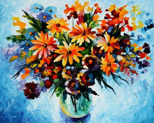 Load image into Gallery viewer, a painting of flowers in a vase on a blue background