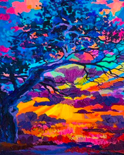 Load image into Gallery viewer, a painting of a tree in the sunset