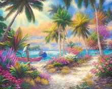 Load image into Gallery viewer, a painting of a man sitting in a hammock on a tropical beach