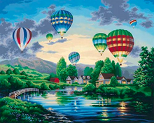 Load image into Gallery viewer, a painting of hot air balloons flying over a river