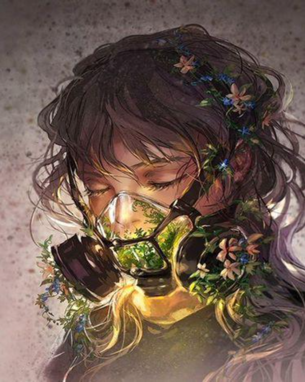 a girl with flowers in her hair holding a camera