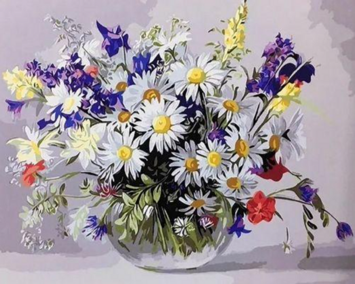 a painting of flowers in a vase on a table