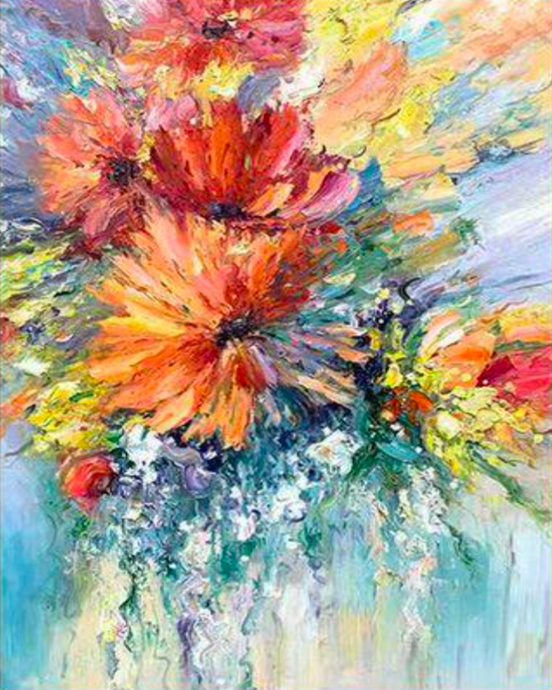 a painting of flowers in a vase