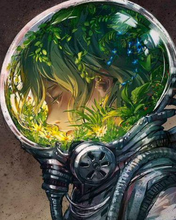 Load image into Gallery viewer, a woman in a space suit with flowers on her head
