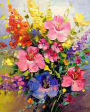 Load image into Gallery viewer, a painting of colorful flowers in a vase

