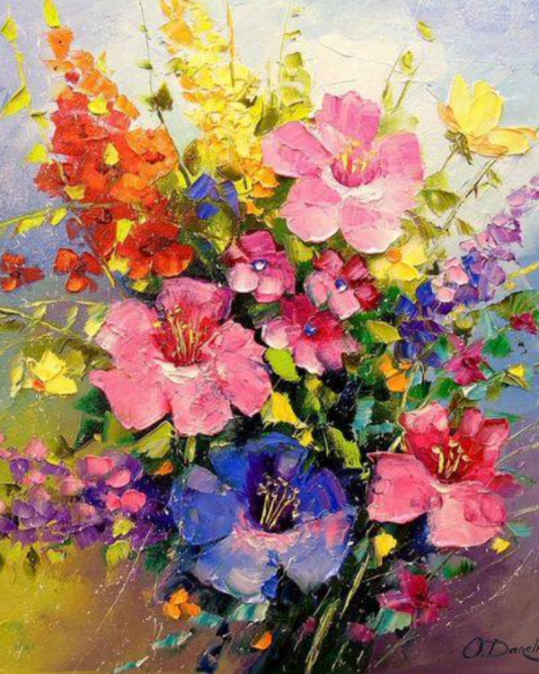 a painting of colorful flowers in a vase