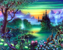 Load image into Gallery viewer, a painting of a fairy land with a waterfall
