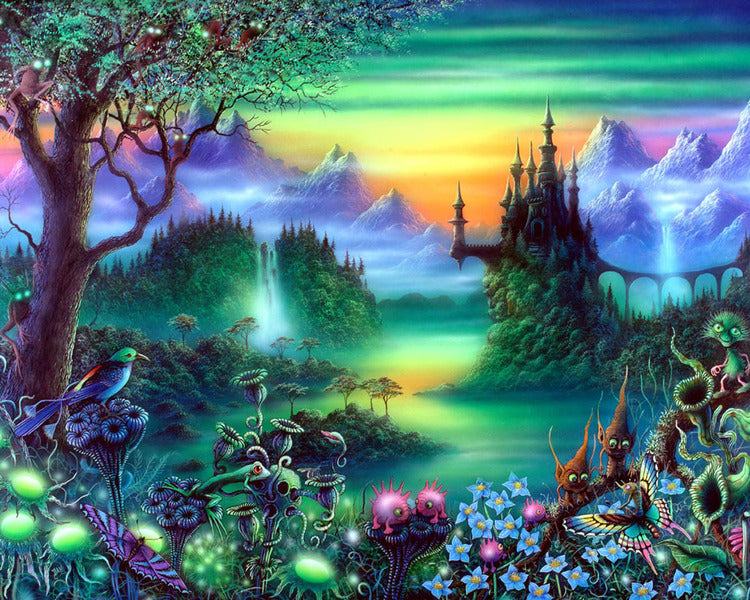 a painting of a fairy land with a waterfall