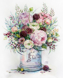a watercolor painting of flowers in a bucket