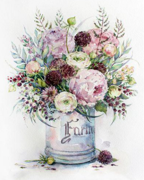 a watercolor painting of flowers in a bucket